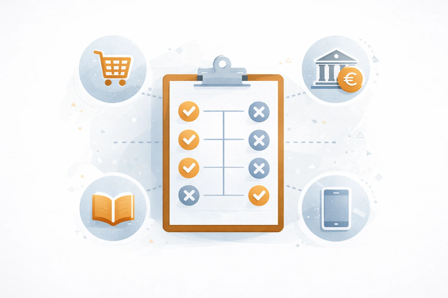 Checkliste mit Haken und Kreuzen, umgeben von Icons für E-Commerce, Banking, E-Books und Telekommunikation