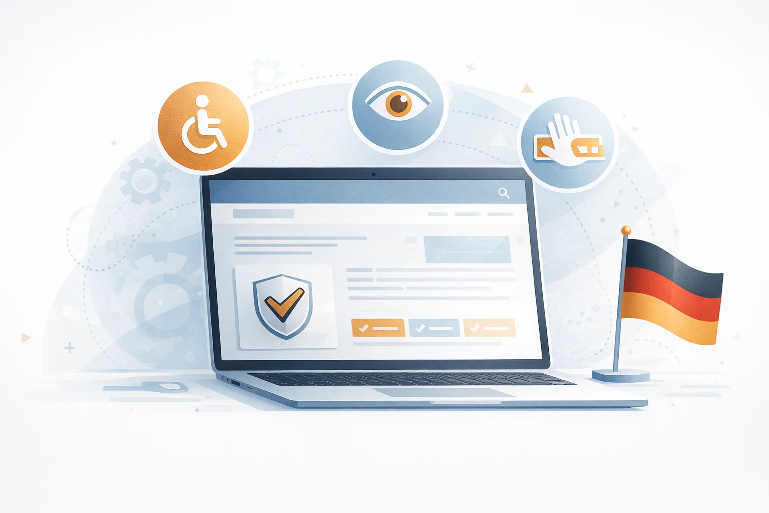 Illustration eines Laptops mit Barrierefreiheits-Symbolen und deutscher Flagge, symbolisiert das BFSG