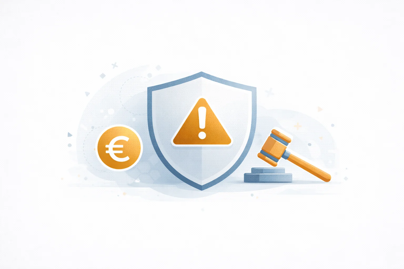 Schild mit Warndreieck, Euro-Symbol und Richterhammer als Symbol für Bußgelder und rechtliche Konsequenzen