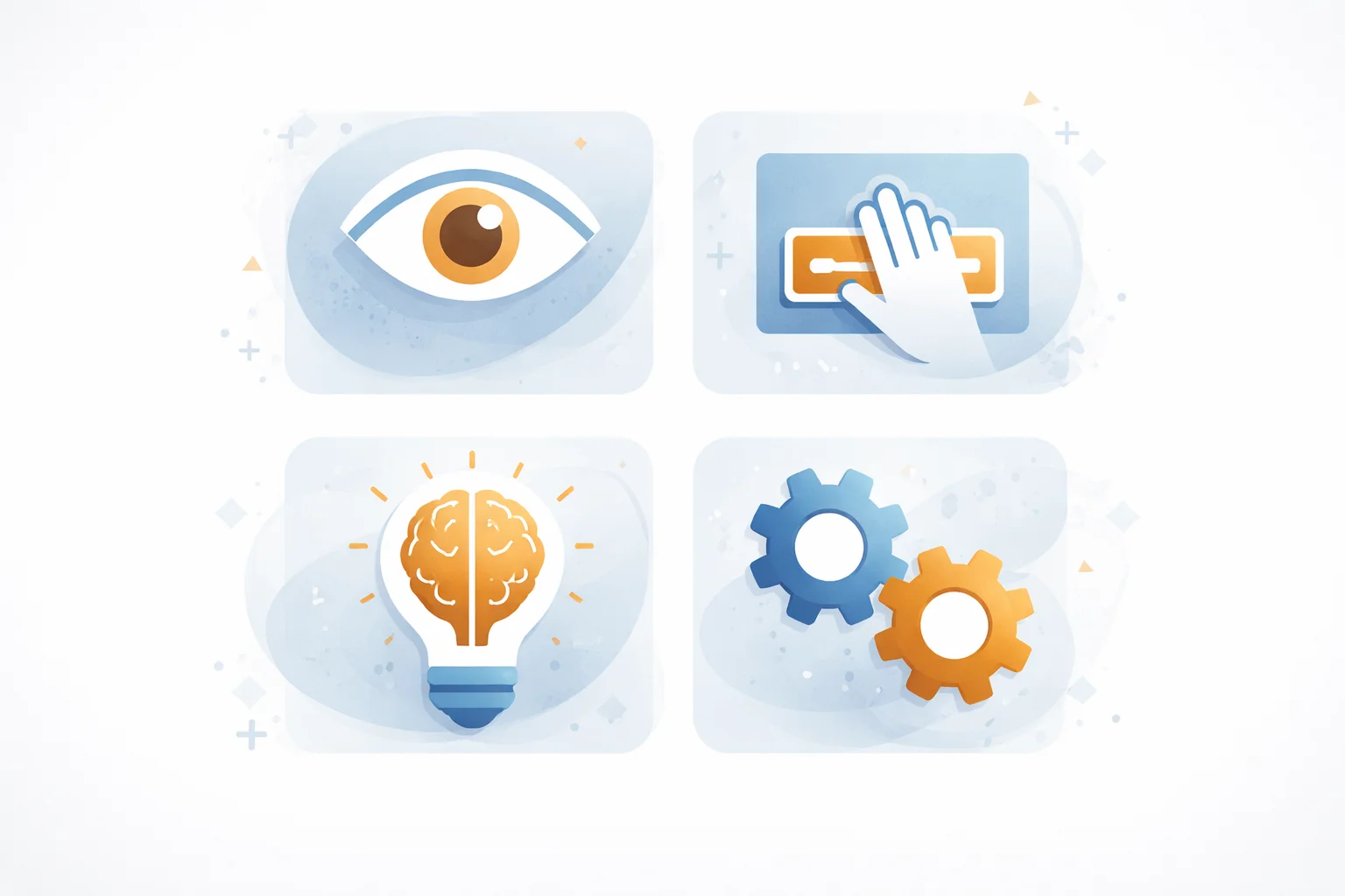 Die vier WCAG-Prinzipien: Wahrnehmbarkeit (Auge), Bedienbarkeit (Hand), Verständlichkeit (Gehirn), Robustheit (Zahnräder)