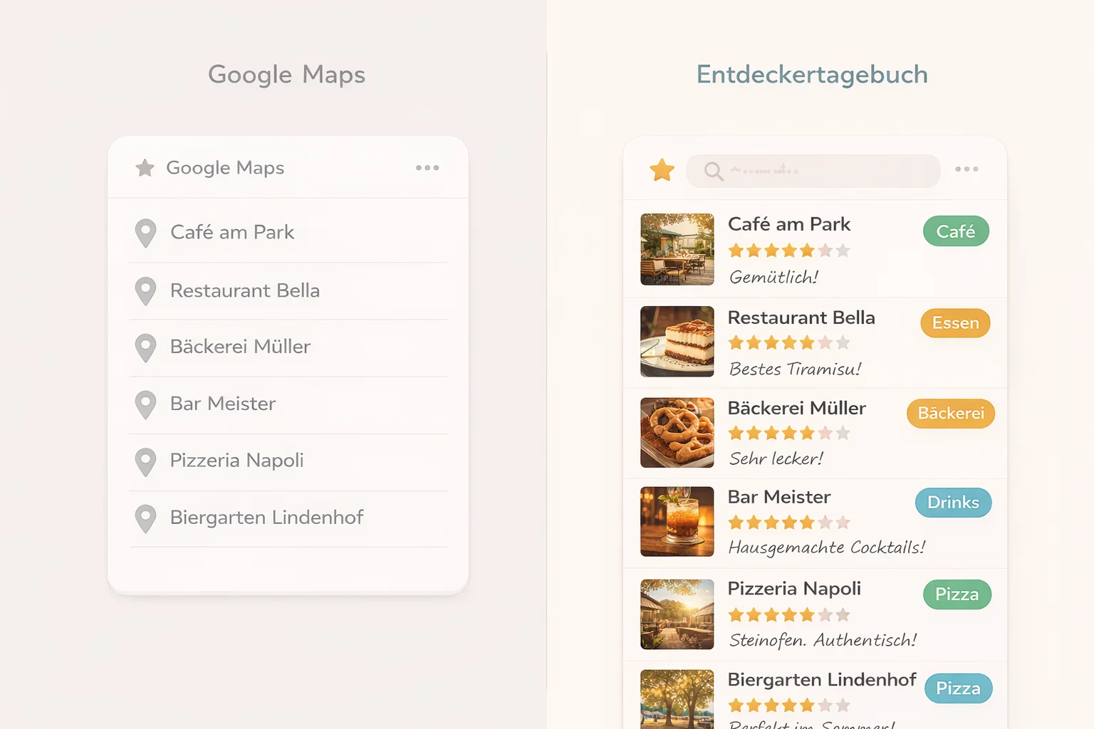 Vergleich: Google Maps Favoriten als einfache Liste vs. Fakturus POI mit Karte und Details