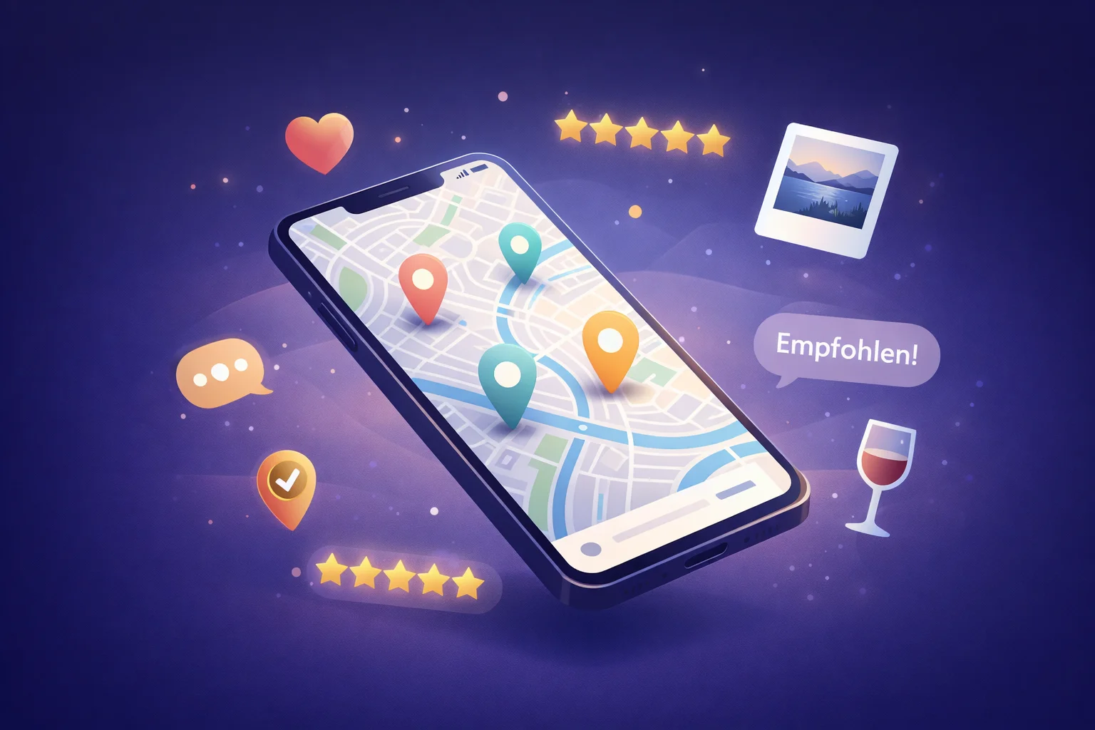 Smartphone mit interaktiver Karte voller markierter Lieblingsorte, umgeben von Pins, Herzen und Notiz-Symbolen