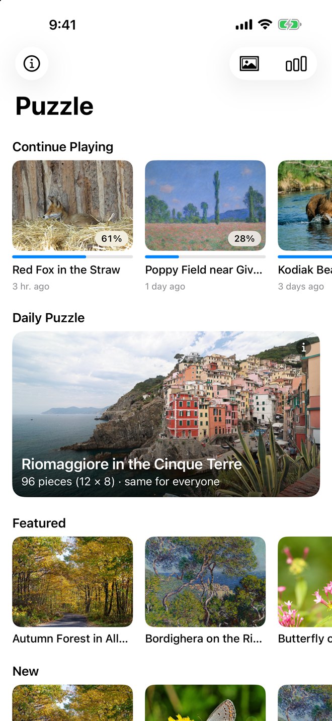 English Puzzle home screen showing unfinished games, the daily puzzle and recommended pictures