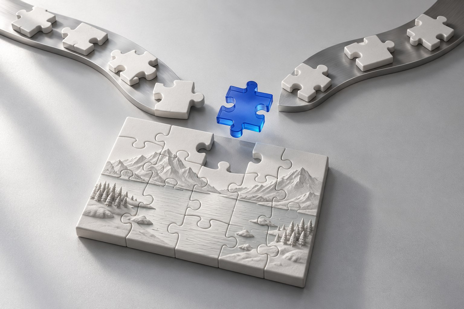 AI-generated illustration of two silver paths bringing ceramic pieces together into a puzzle