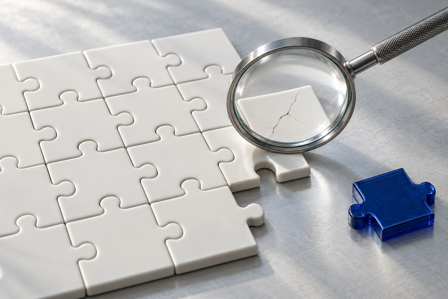 AI-generated conceptual illustration of a magnifying glass revealing a hairline crack in a white puzzle tile