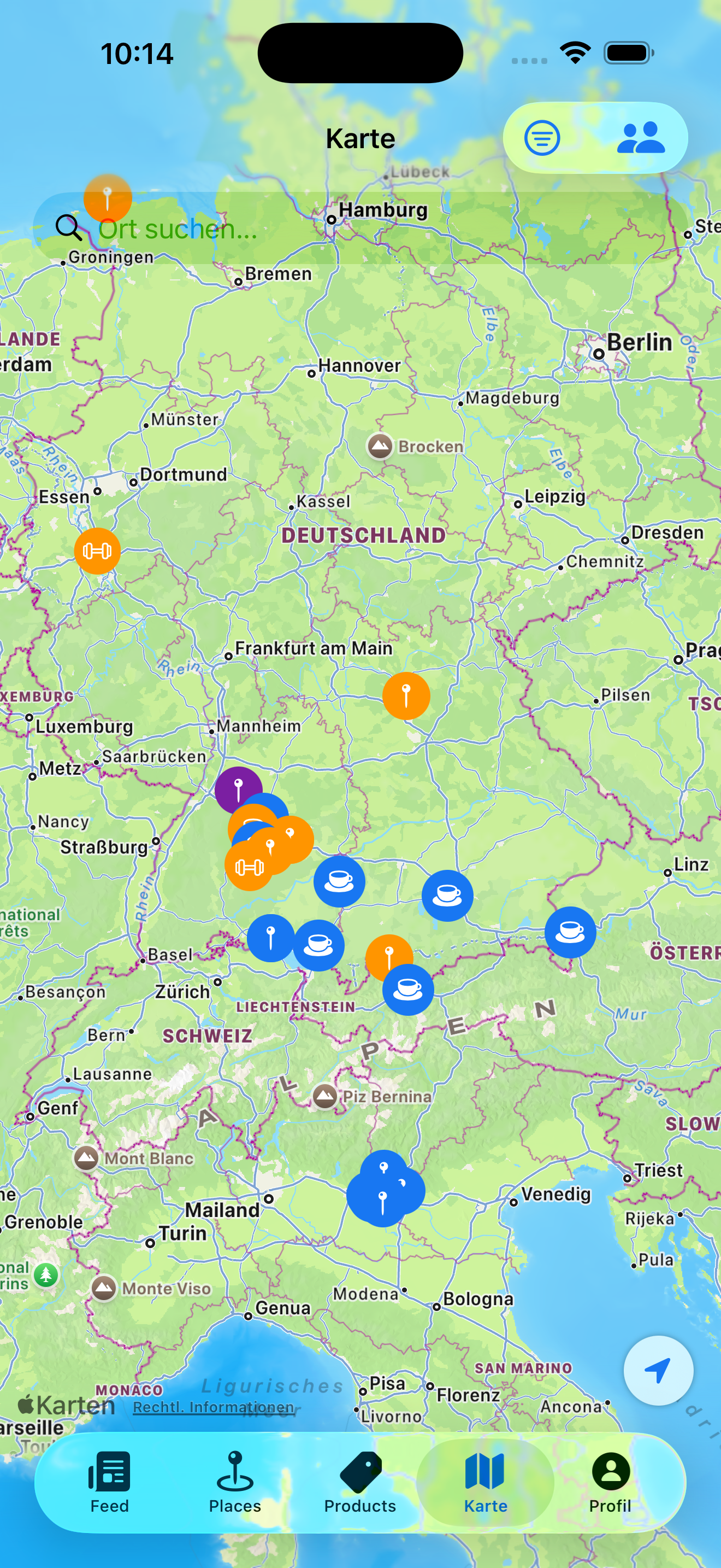 Fakturus POI Kartenansicht mit Lieblingsorten in Deutschland
