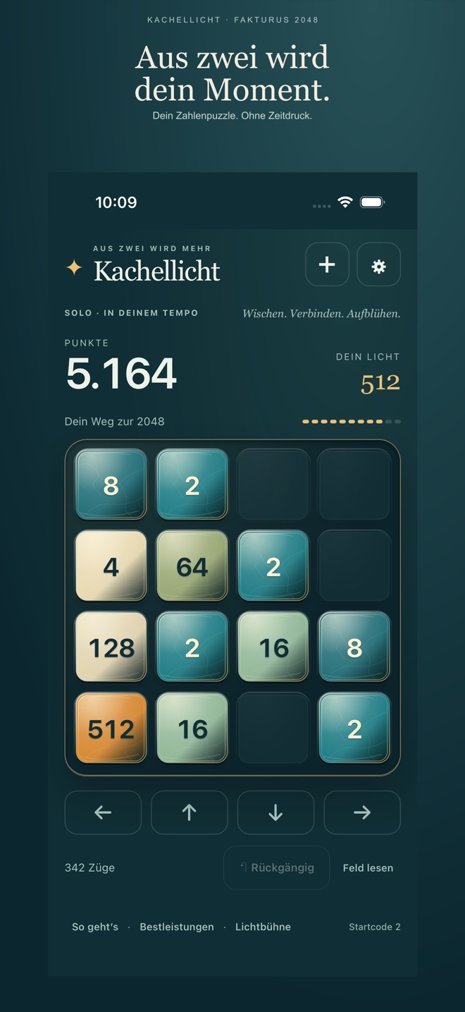 Gestaltetes 2048-Store-Bild: Solo-Spiel mit türkisen Glaskacheln, 5.164 Punkten und höchster Kachel 512