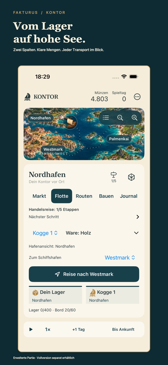 Kontor-Store-Bild mit Warenfluss zwischen örtlichem Lager und Schiffsfracht