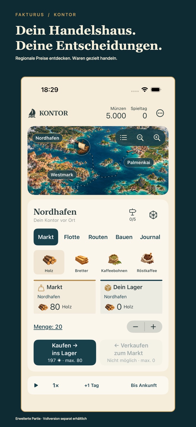 Gestaltetes Kontor-Store-Bild mit Handelskarte und Holzmarkt in Nordhafen