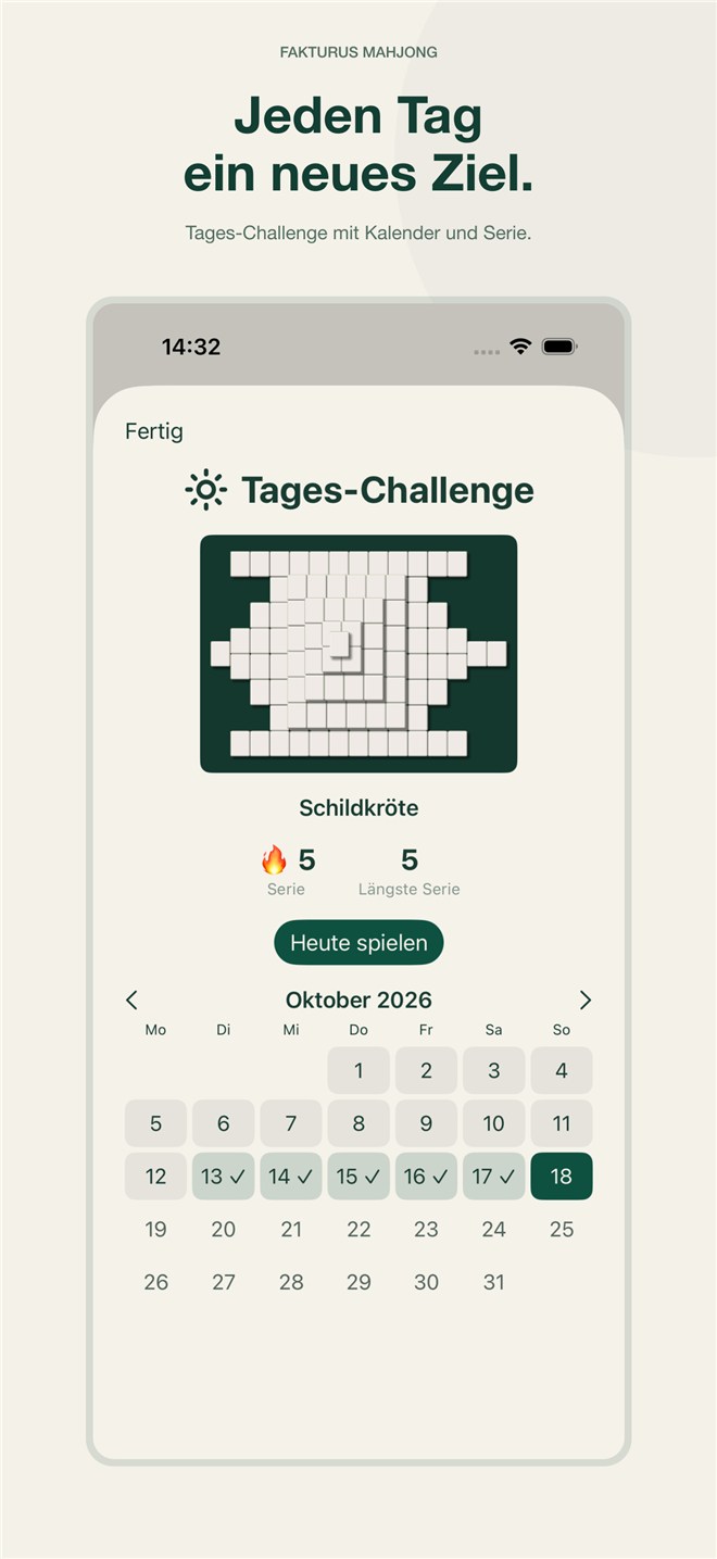 Deutsche Store-Aufnahme der Mahjong-Tages-Challenge mit Monatskalender und Spielserie