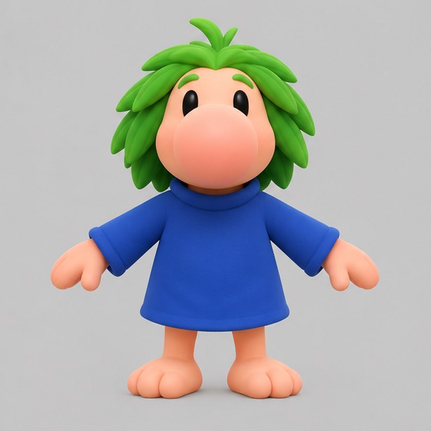 Freigegebener Figurenentwurf eines Mooslings mit grünen Blätterhaaren, großer runder Nase und blauem Gewand