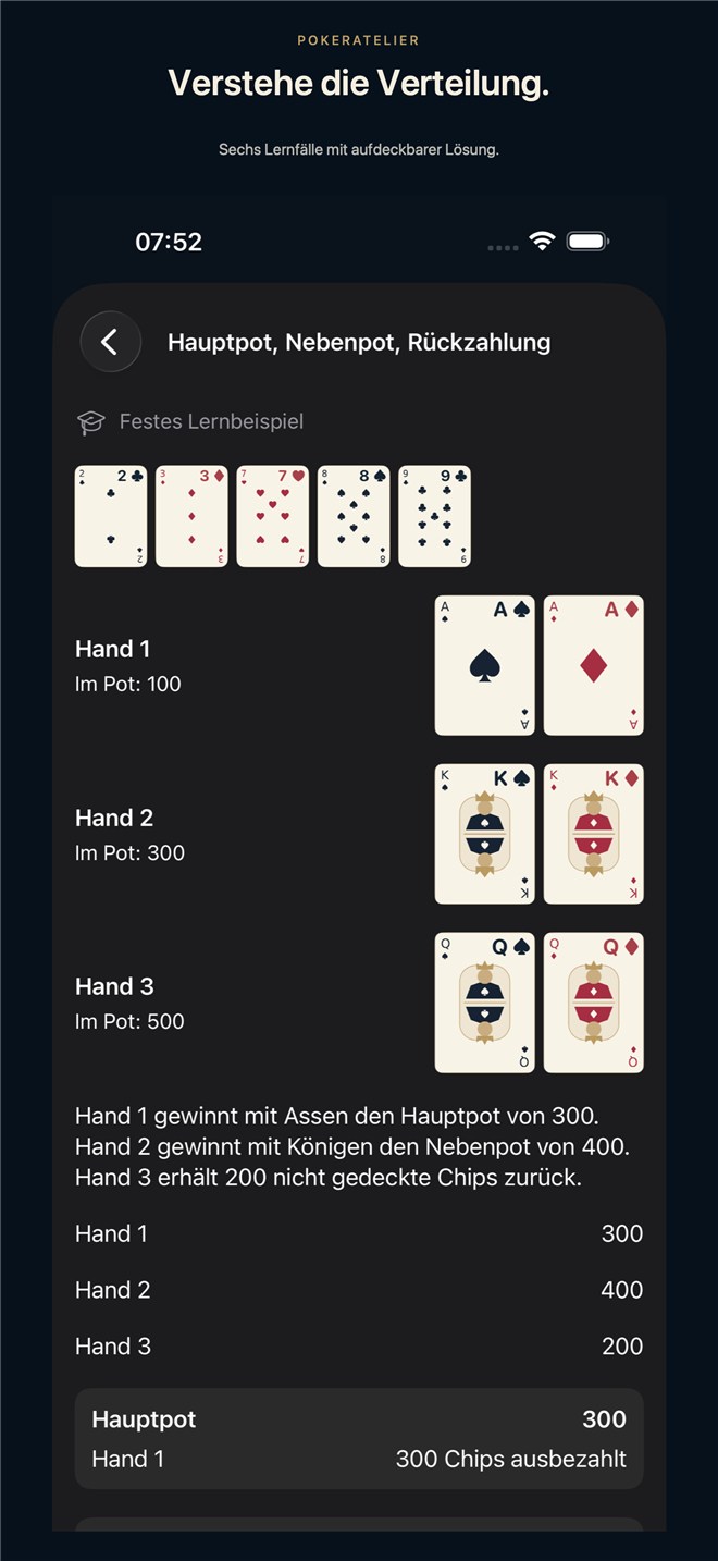 Deutsche Pokeratelier-Store-Aufnahme eines Lernfalls mit Karten, Chipbeiträgen und erklärter Aufteilung von Hauptpot und Nebenpot