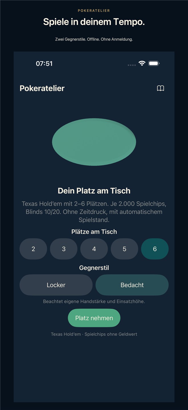 Deutsche Pokeratelier-Store-Aufnahme der neuen Partie mit Sitzanzahl und Auswahl der Gegnerstile Locker und Bedacht