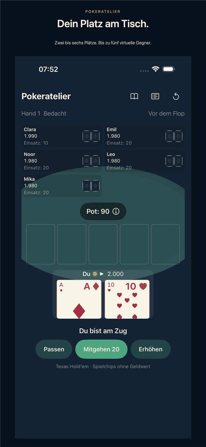 Deutsche Pokeratelier-Store-Aufnahme mit fünf virtuellen Gegnern, eigenen Karten und den Aktionen Passen, Mitgehen und Erhöhen