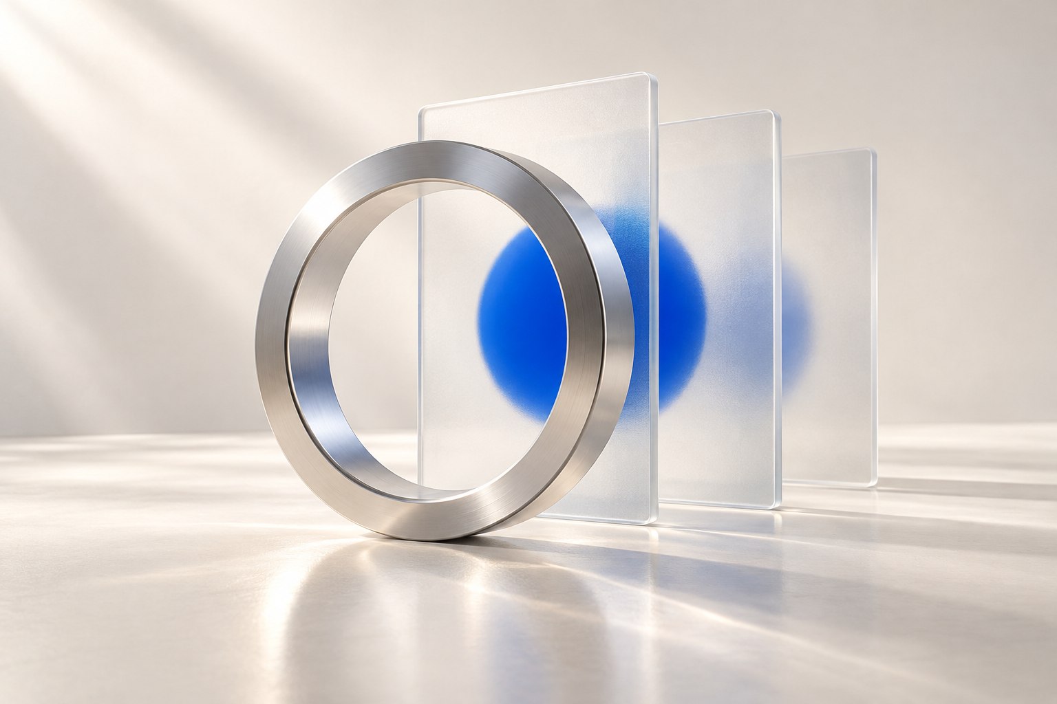 Ein Metallring vor Glasplatten macht einen blauen Kreis deutlich sichtbar