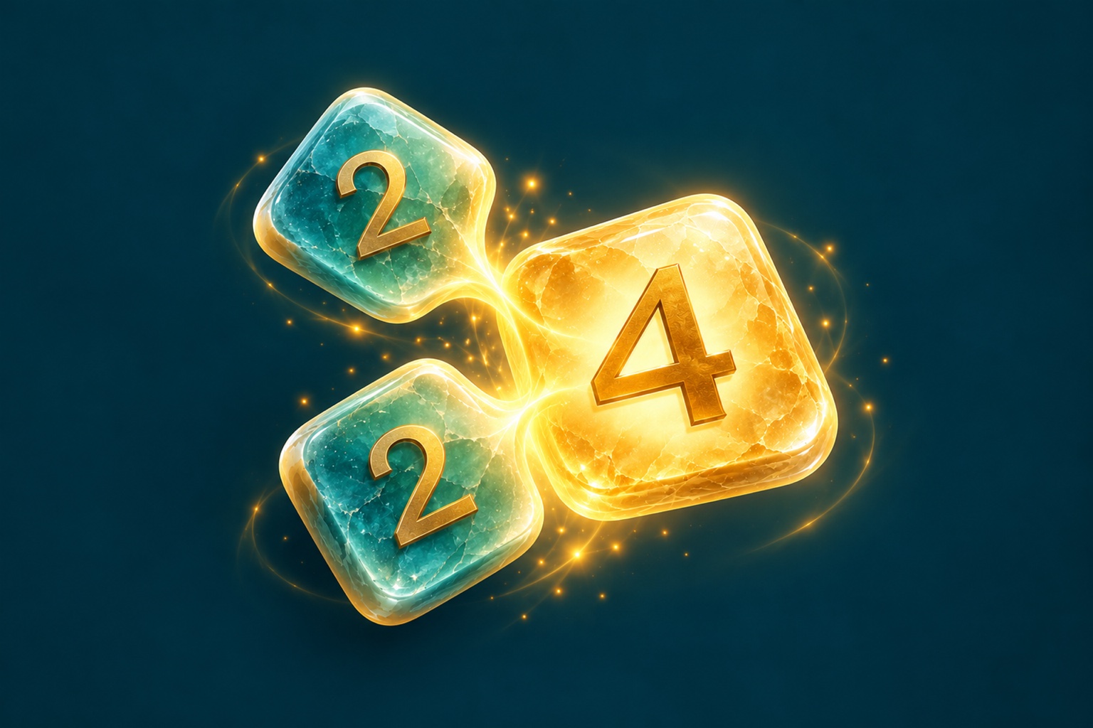 KI-generierte Werbeillustration für Fakturus 2048: zwei türkise Glaskacheln mit der Zahl 2 verschmelzen zu einer goldenen 4