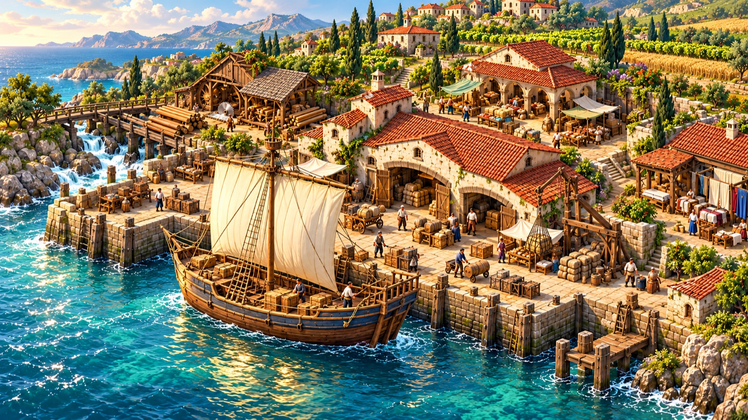 KI-generierte Werbeillustration aus Fakturus Kontor: ein Segelschiff vor einem lebendigen Handelshafen mit Lagerhaus und Sägewerk