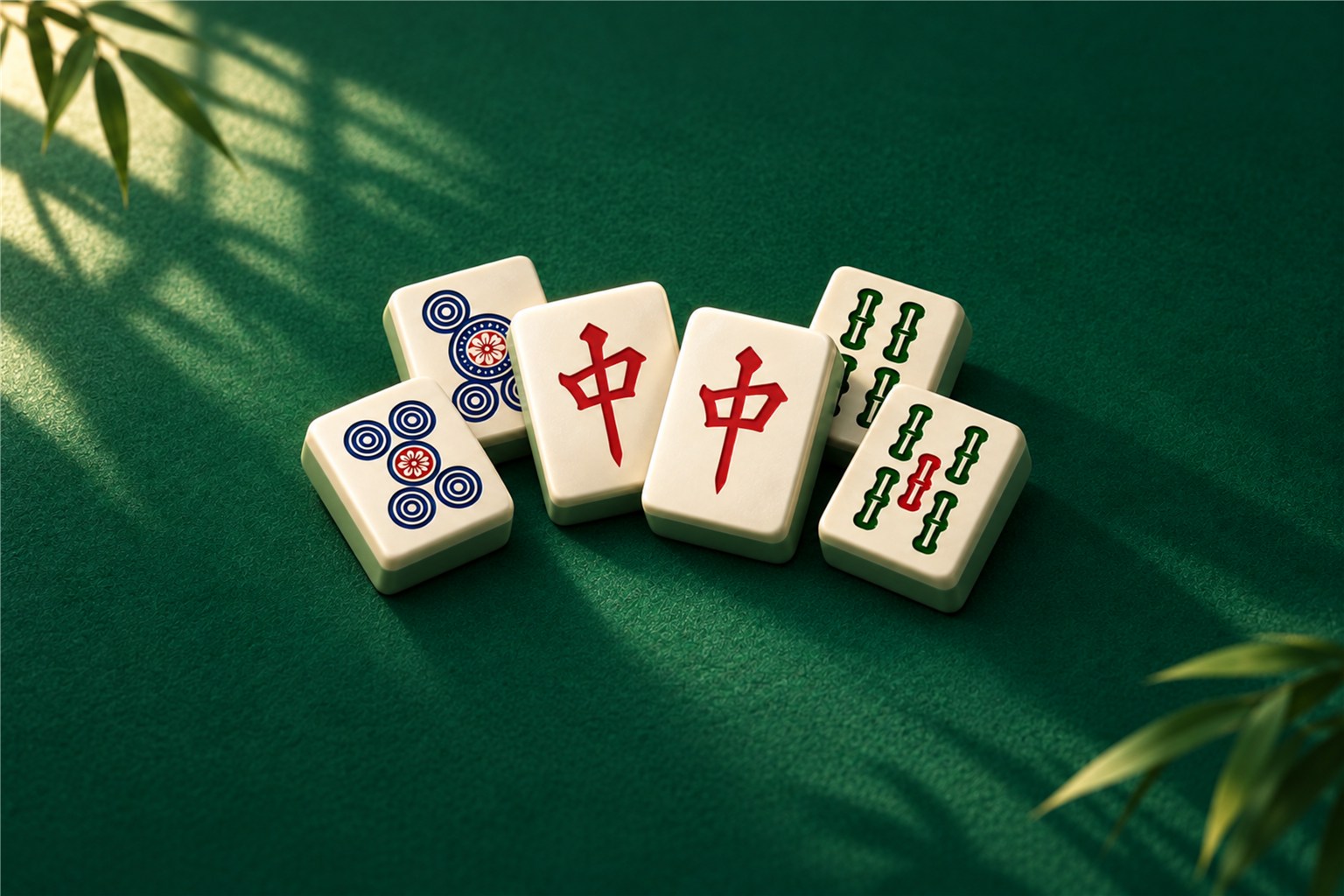 KI-generiertes Produktmotiv aus dem Mahjong-Projekt: helle Mahjong-Steine auf grünem Filz mit Bambusschatten