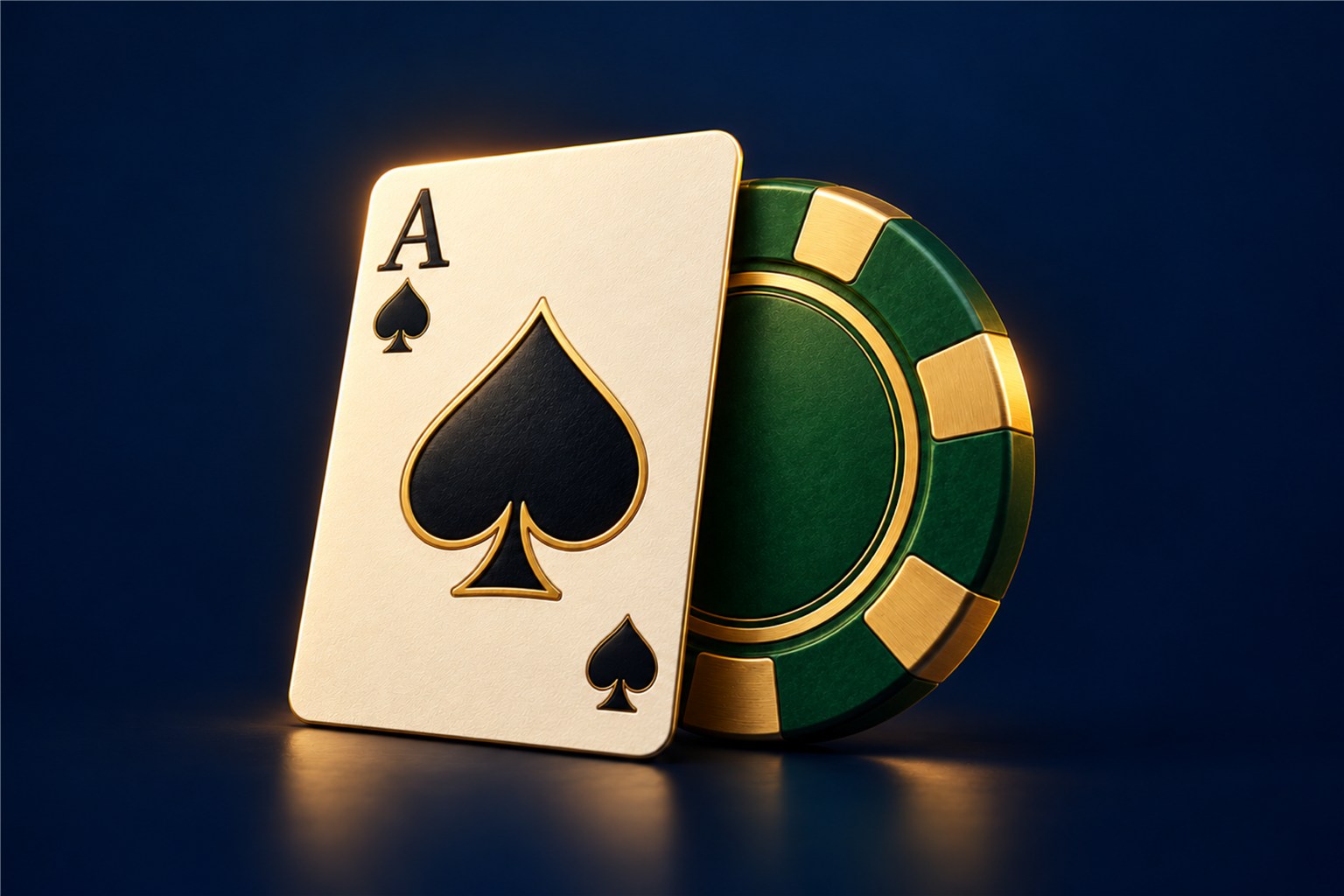 KI-generiertes Produktmotiv aus dem Pokeratelier-Projekt: ein Pik-Ass und ein grüner Spielchip vor dunkelblauem Hintergrund