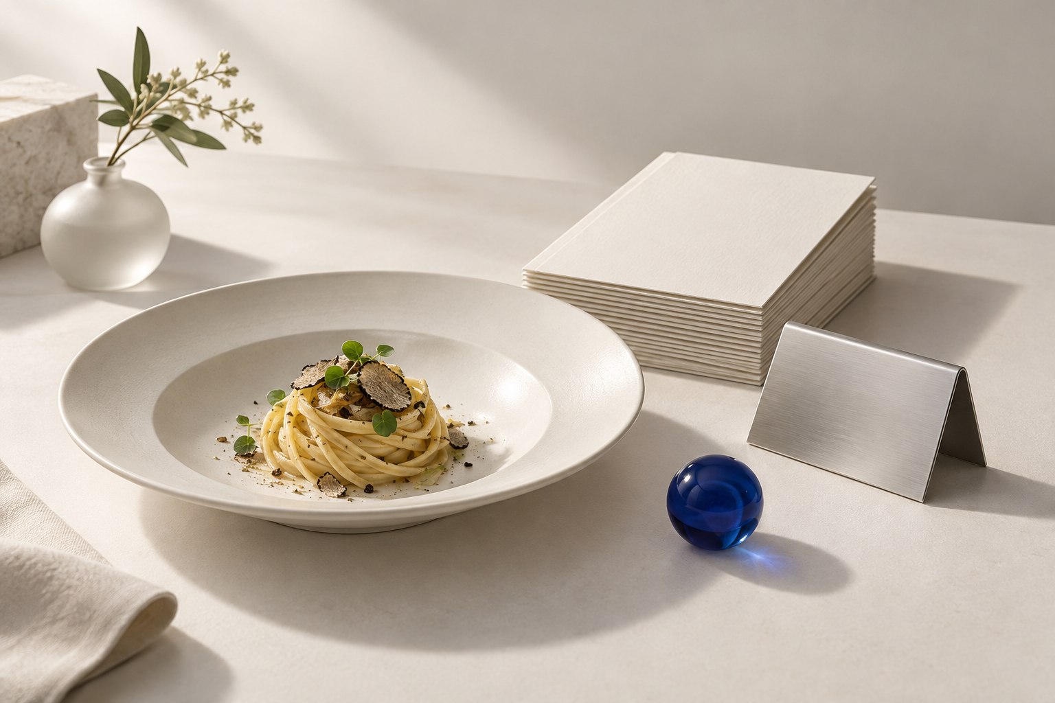 Fein angerichtete Pasta neben Menükarten und einem silbernen Kartenhalter