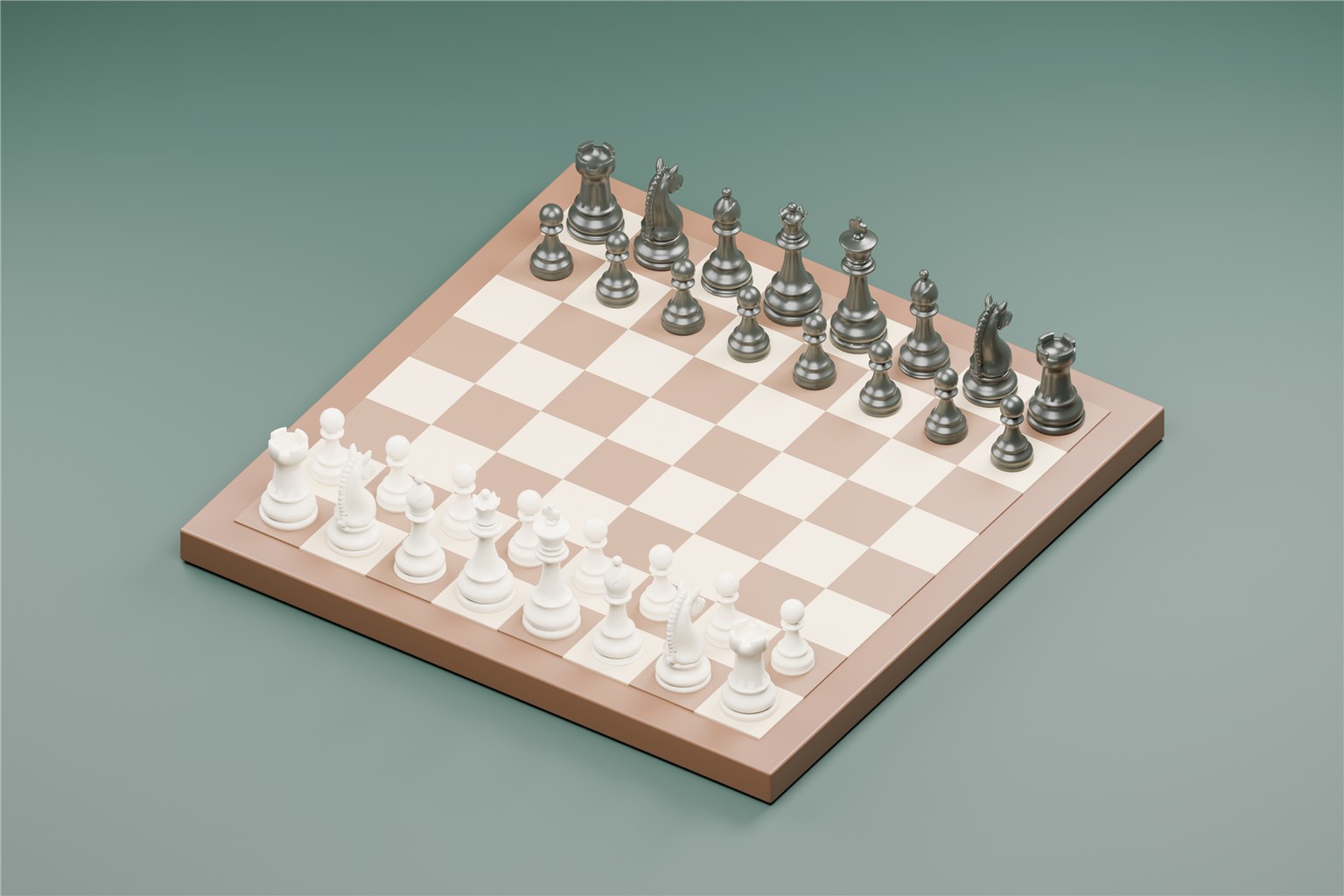 Gerendertes Produktmotiv aus Fakturus Schach: ein Schachbrett mit weißen und dunklen Figuren auf grünem Hintergrund