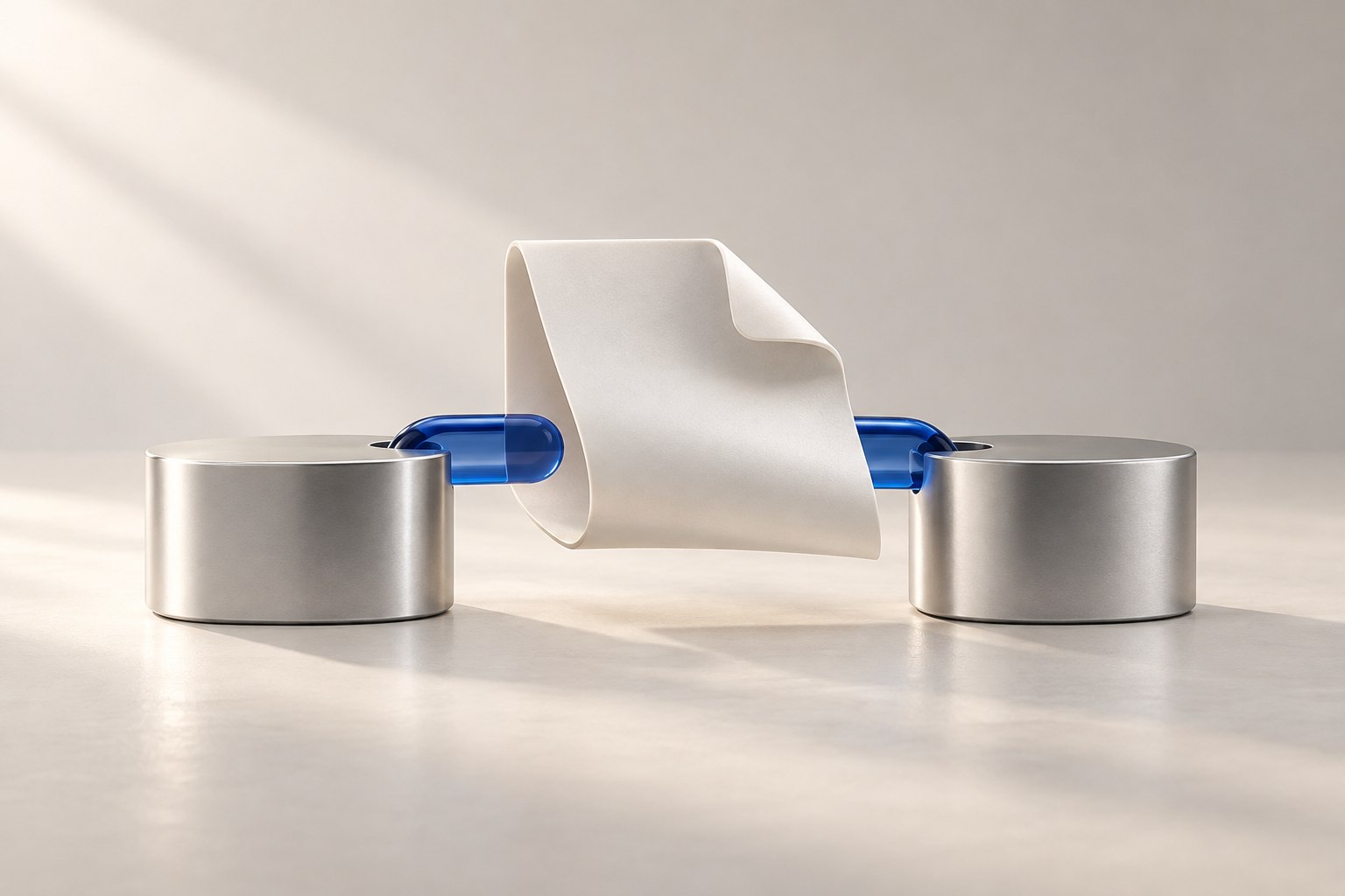Ein keramisches Dokument verbindet zwei Metallplattformen über ein blaues Glasglied