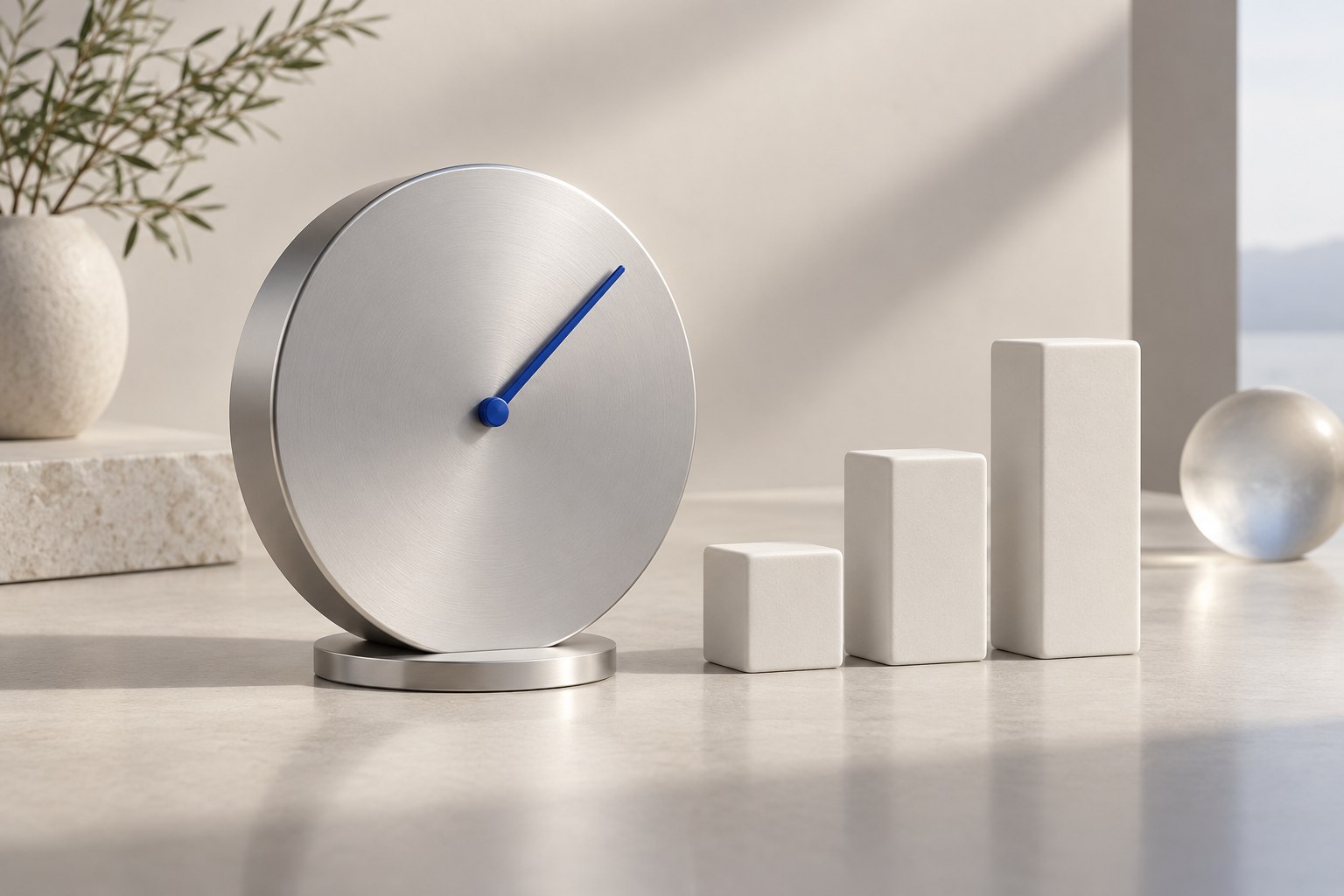 Eine silberne Uhr mit blauem Zeiger neben drei unterschiedlich hohen Zeitblöcken aus Keramik