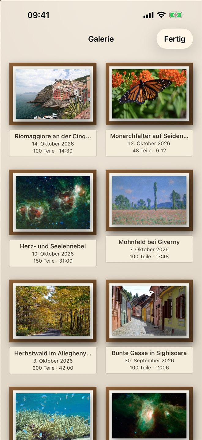 Galerie fertig gepuzzelter Fotos und Gemälde mit Datum, Teileanzahl und Spielzeit
