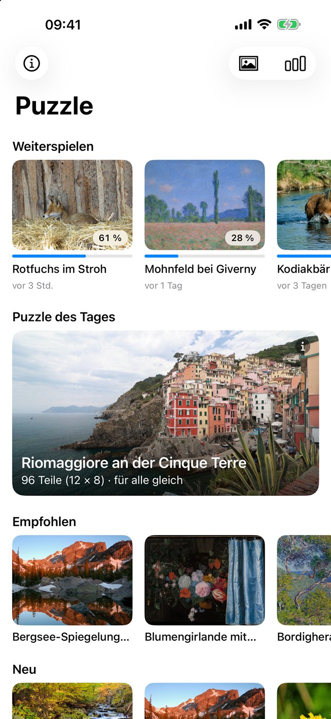 Puzzle-Startseite mit angefangenen Partien, dem Tagespuzzle Riomaggiore und empfohlenen Motiven