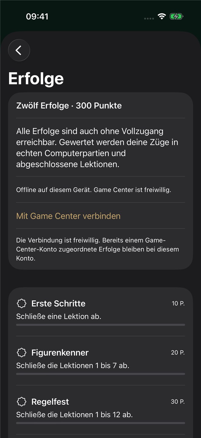 Erfolgsübersicht in Fakturus Schach mit Fortschrittsanzeigen und freiwilliger Game-Center-Verbindung