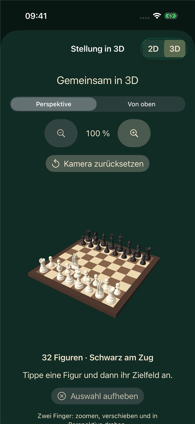 Fakturus Schach in 3D mit perspektivischem Brett, Zoom und Kamera-Steuerung