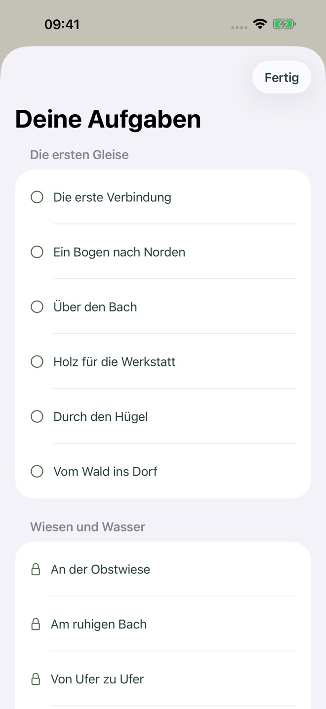 Aufgabenauswahl in Schienenatelier mit Kapiteln und Fortschrittsanzeigen