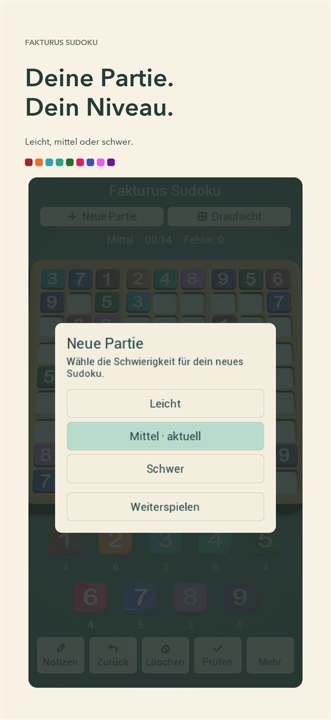 Sudoku-Menü für eine neue Partie mit den Schwierigkeitsgraden Leicht, Mittel und Schwer