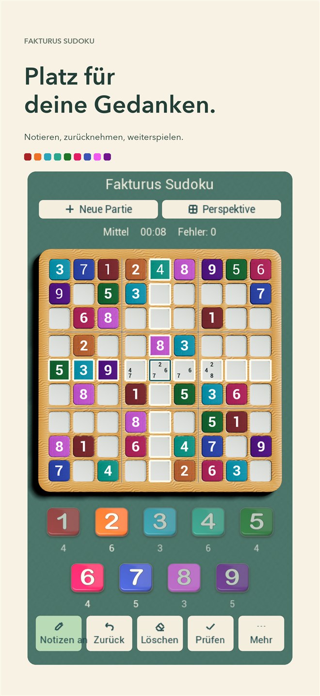 Sudoku in Draufsicht mit Kandidatennotizen in freien Zellen und aktivierter Notizfunktion