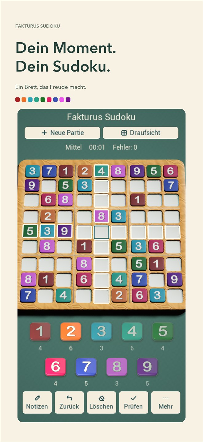 Sudoku in räumlicher Perspektive mit farbigen Zahlen auf einem Holzbrett und Werkzeugleiste